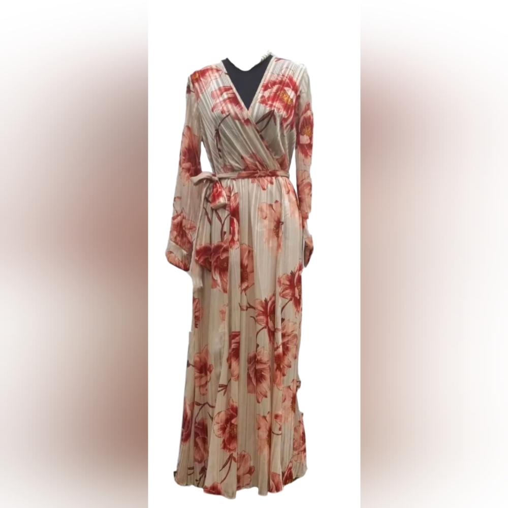Alexa B Nites Floral Shimmer Faux Wrap Maxi Dress Size 6 Sheer Top, Lined Skirt